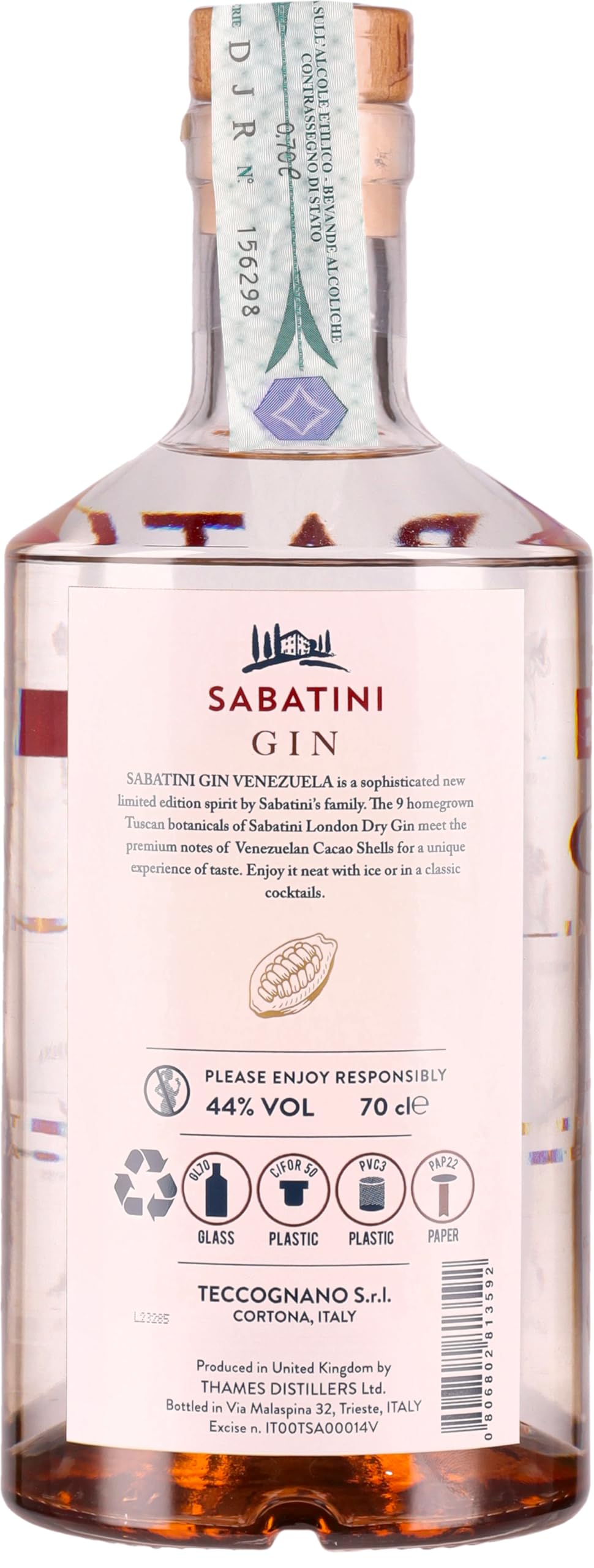 Sabatini Gin, London Dry Gin, 700ml, Ideale per Gin Tonic Premium, Note Fresche, Citriche e Floreali, con Finocchio Selvatico, Lavanda, Foglie di Olivo, Gin Artigianale Toscano, Idea Regalo, 41.3% Vol