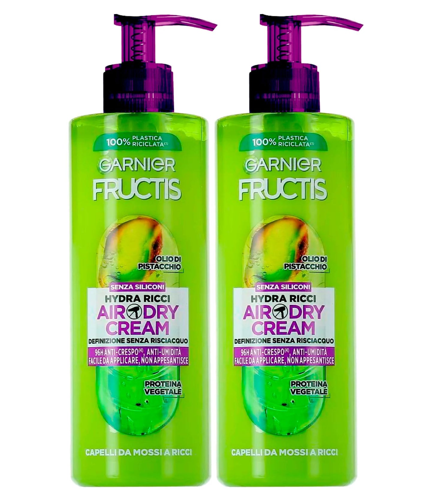 Garnier Fructis Hydra Ricci Air-Dry Cream Trattamento Nutriente Senza Risciacquo per Capelli da Mossi a Ricci Azione Anti-Crespo 96h con Olio di Pistacchio e Pectina della Frutta - 2 Flaconi da 400ml