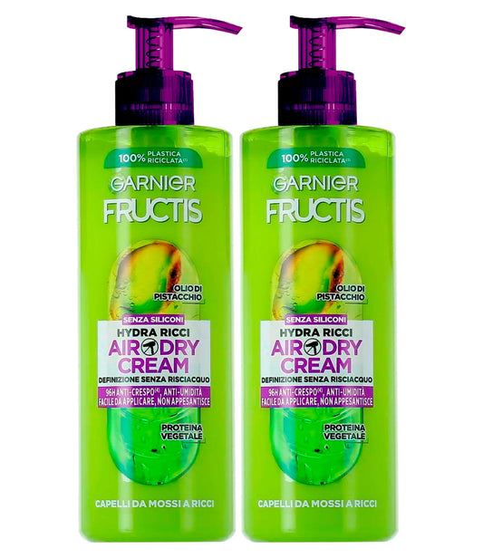 Garnier Fructis Hydra Ricci Air-Dry Cream Trattamento Nutriente Senza Risciacquo per Capelli da Mossi a Ricci Azione Anti-Crespo 96h con Olio di Pistacchio e Pectina della Frutta - 2 Flaconi da 400ml