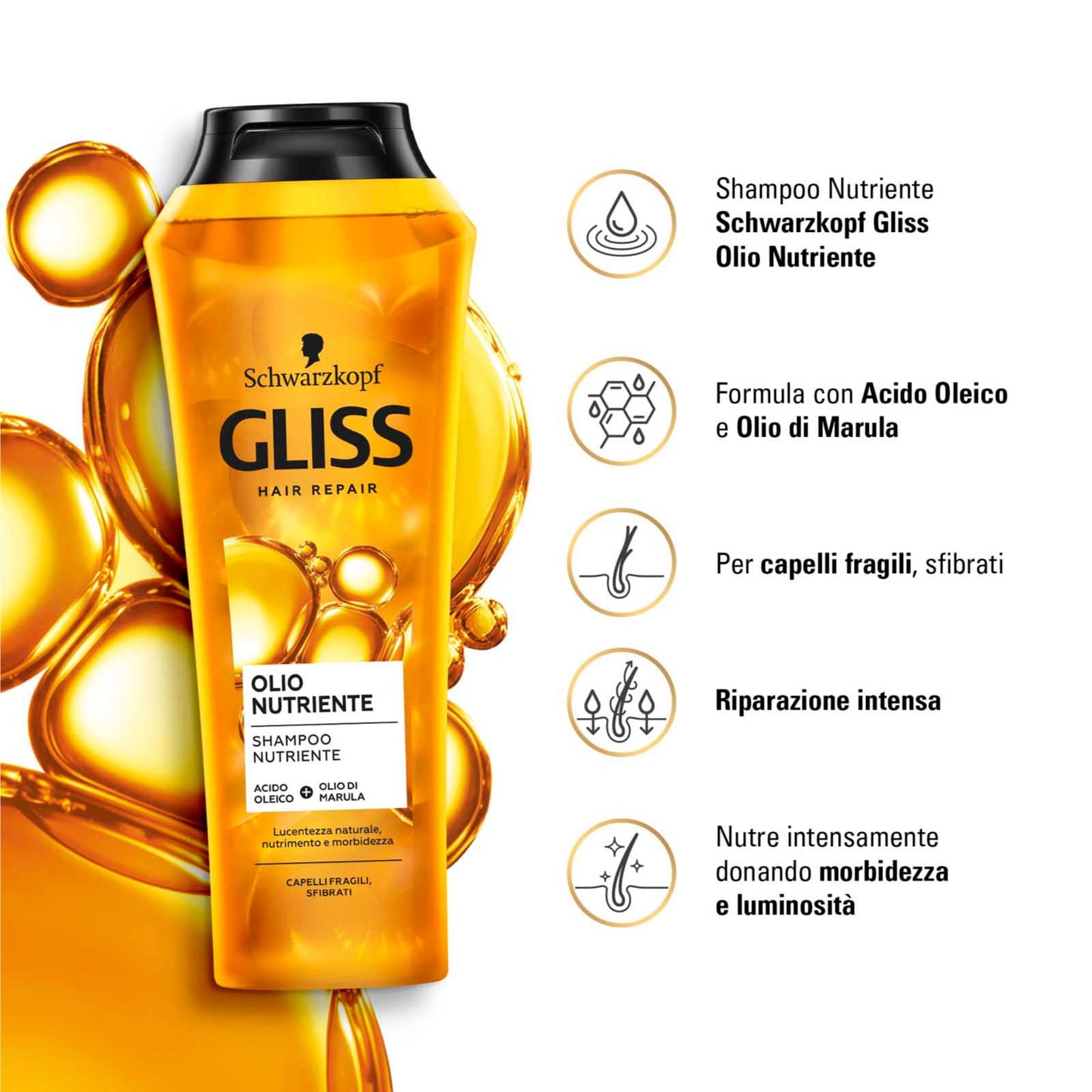 12x Schwarzkopf Gliss Hair Repair Olio Nutriente Shampoo per Capelli Fragili e Sfibrati Azione Riparatrice - 12 Flaconi da 250ml