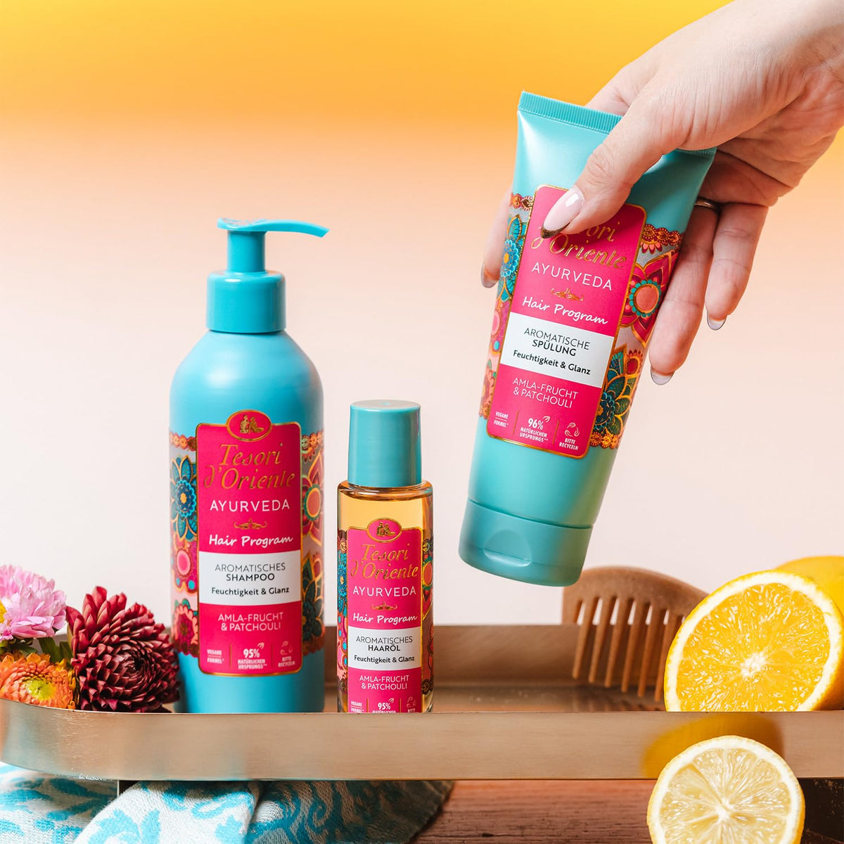 Tesori d'Oriente Hair Program - Olio per capelli Ayurveda, 50 ml, aromatico con frutti di Amla e patchouli, idratante e lucentezza per capelli secchi, rituale benessere per corpo e sensi
