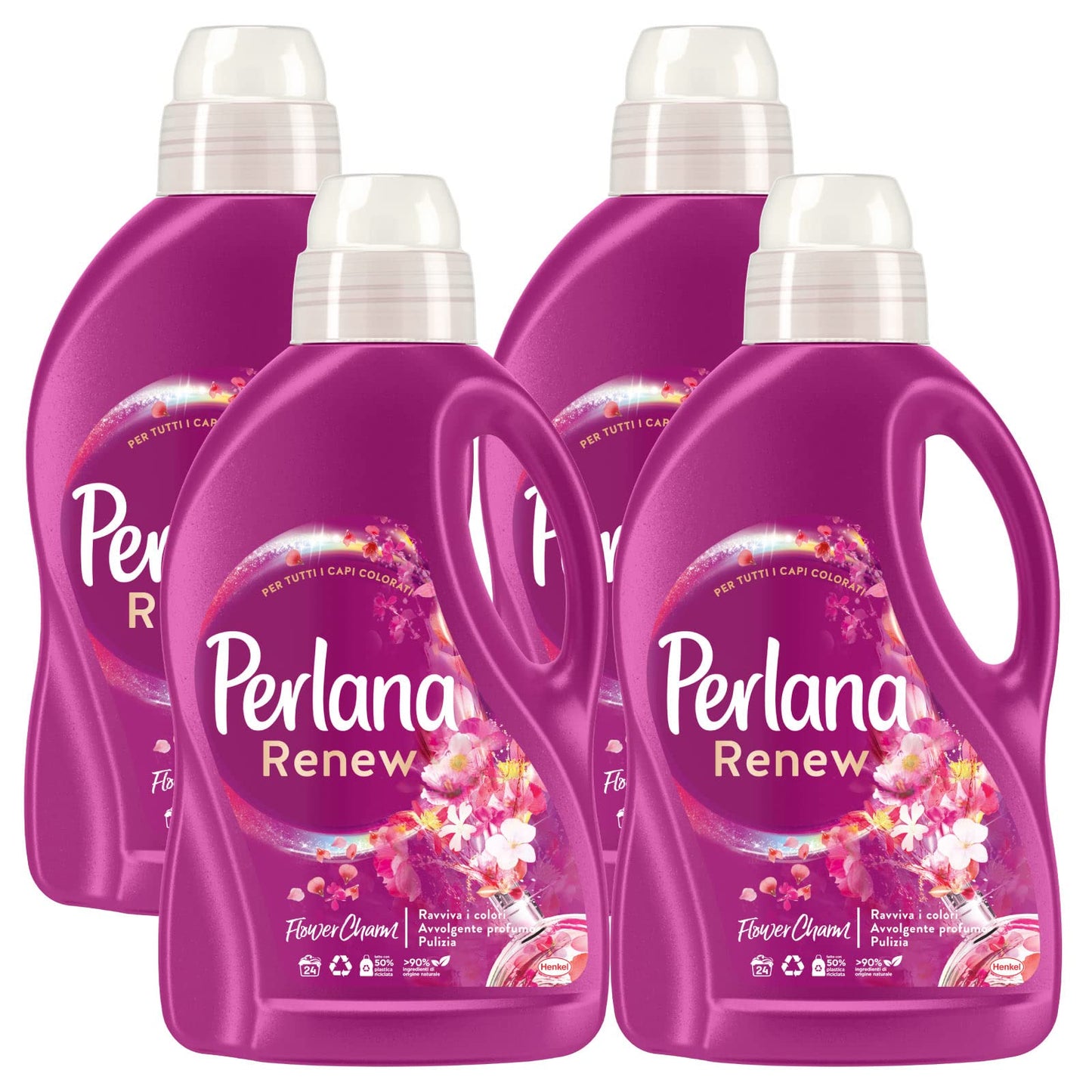 4x Perlana Renew Flower Charm Detersivo Liquido Ravviva i Colori per Bucato in Lavatrice e a Mano - 4 Flaconi da 1,44L