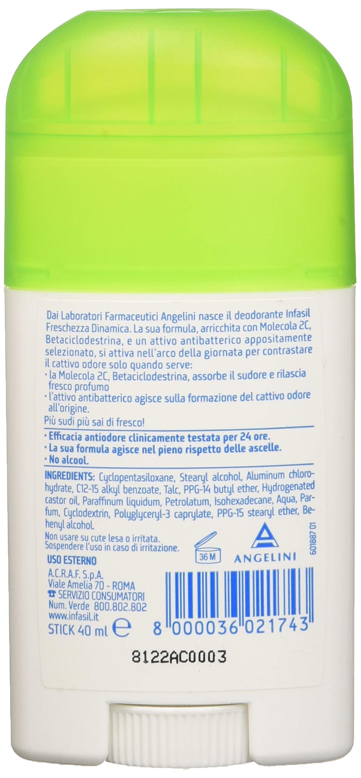 Infasil Freschezza Dinamica, Deodorante Stick con Antibatterico e Molecola 2C, Efficace Fino a 24H, Deodorante Senza Alcool, 50 ml