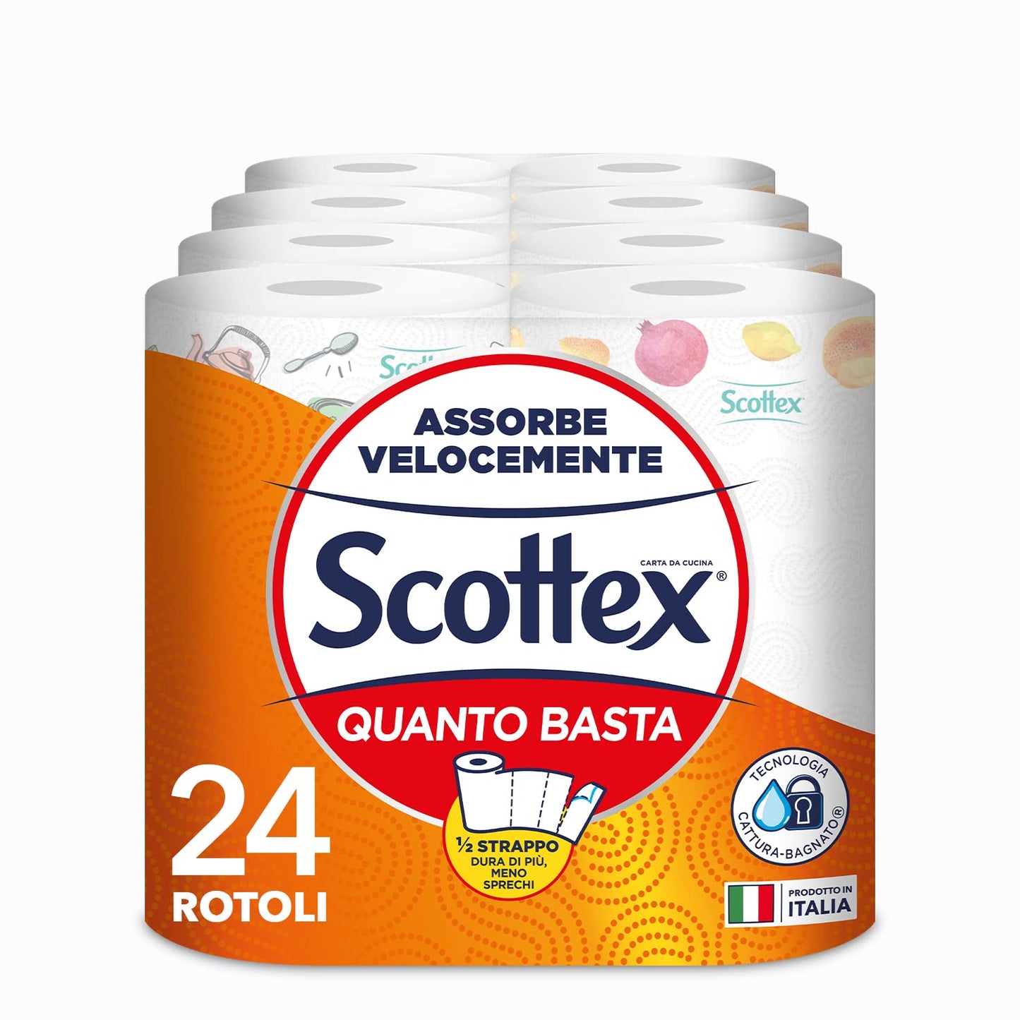 Scottex Quanto Basta, Carta Da Cucina, Opzione Mezzo Strappo, Ultra assorbente, Carta certificata FSC, 24 Maxi Rotoli