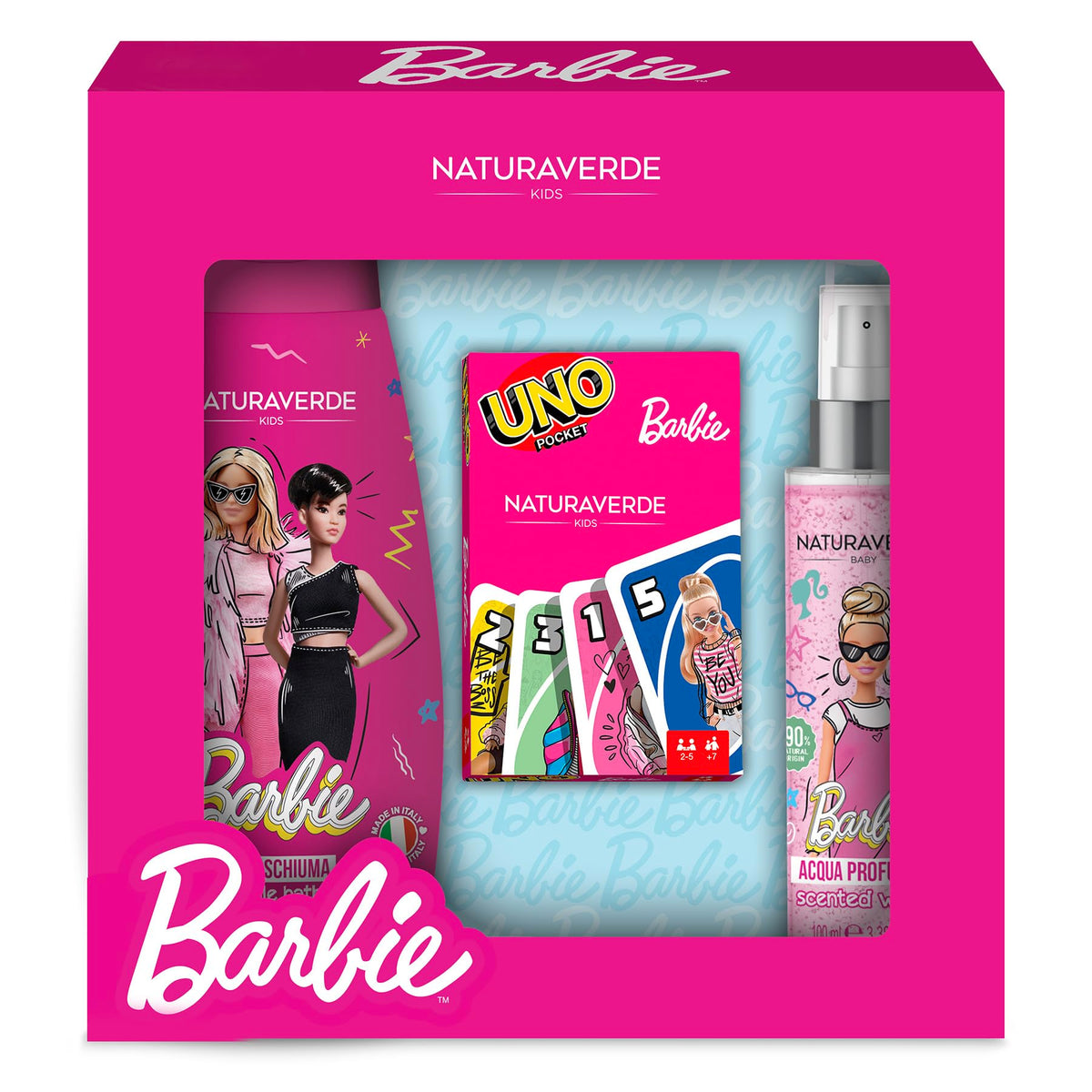 BARBIE | Gift Set Carte UNO, Cofanetto Bagnoschiuma da 300 ml, Acqua Profumata 100 mll e Set Carte da Gioco UNO