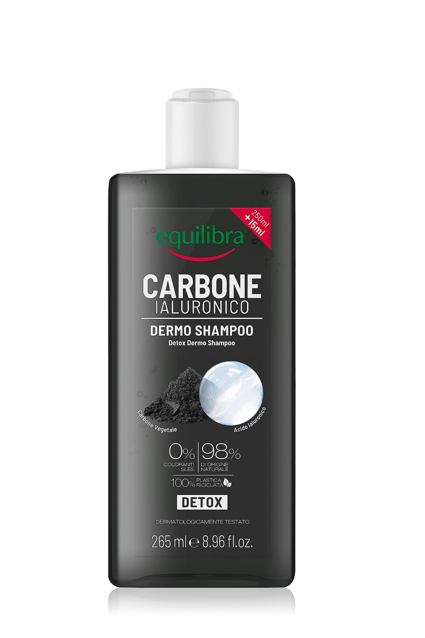 Equilibra Capelli, Dermo Shampoo Idratante Carbone Ialuronico, Shampoo per Capelli Impuri, con Carbone Vegetale, Acido Ialuronico, Aloe Vera, Idratante Naturale, Olio Essenziale di Limone, 265 ml
