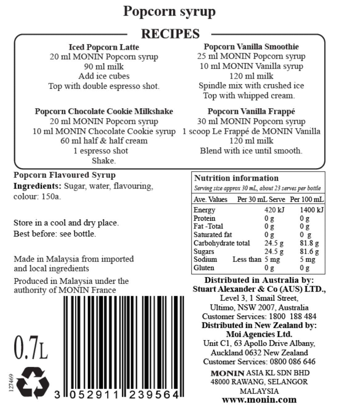 MONIN Premium Sciroppo Popcorn 700 ml