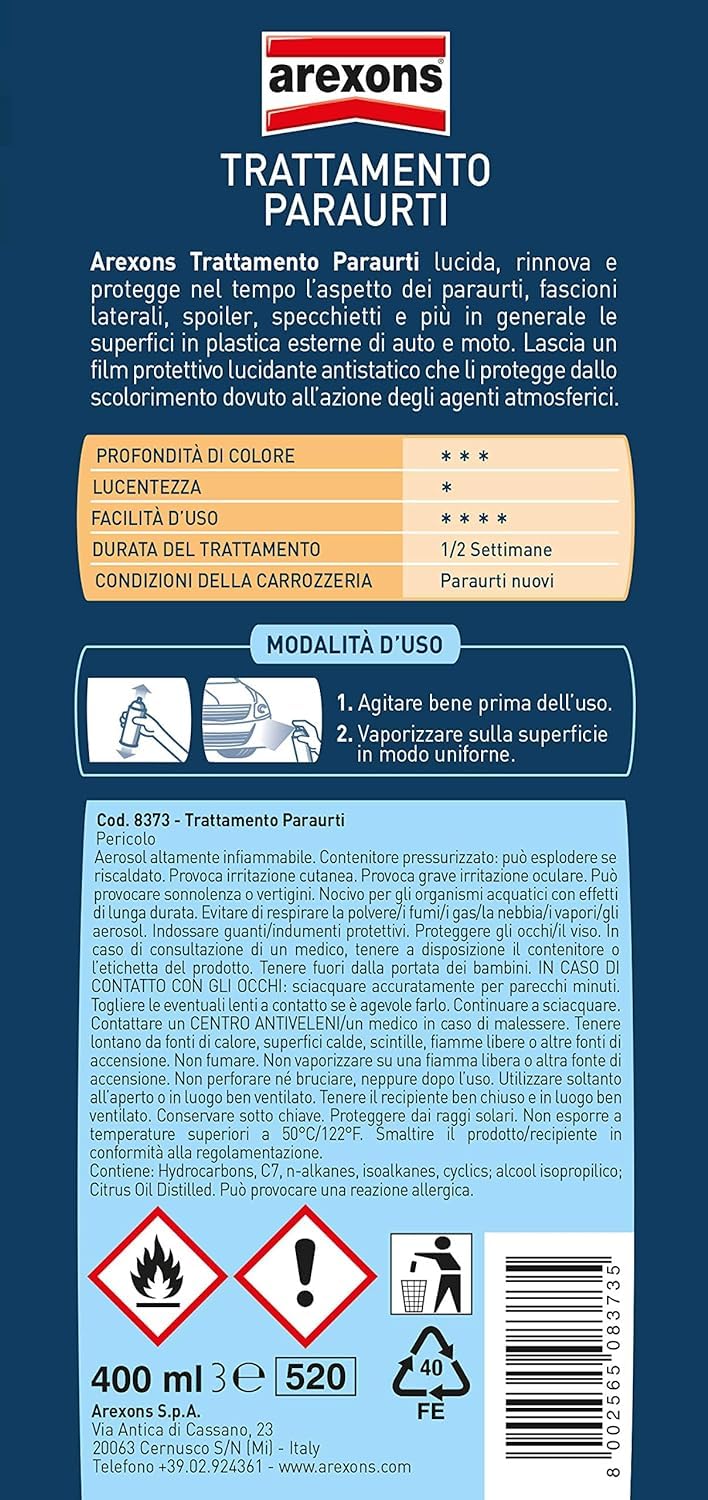 AREXONS | Cura Auto, Trattamento Paraurti 400 ml, Lucida, Rinnova e protegge parautri e superfici esterne, Trattamento auto con azione lucidante, Previene il depositarsi della polvere