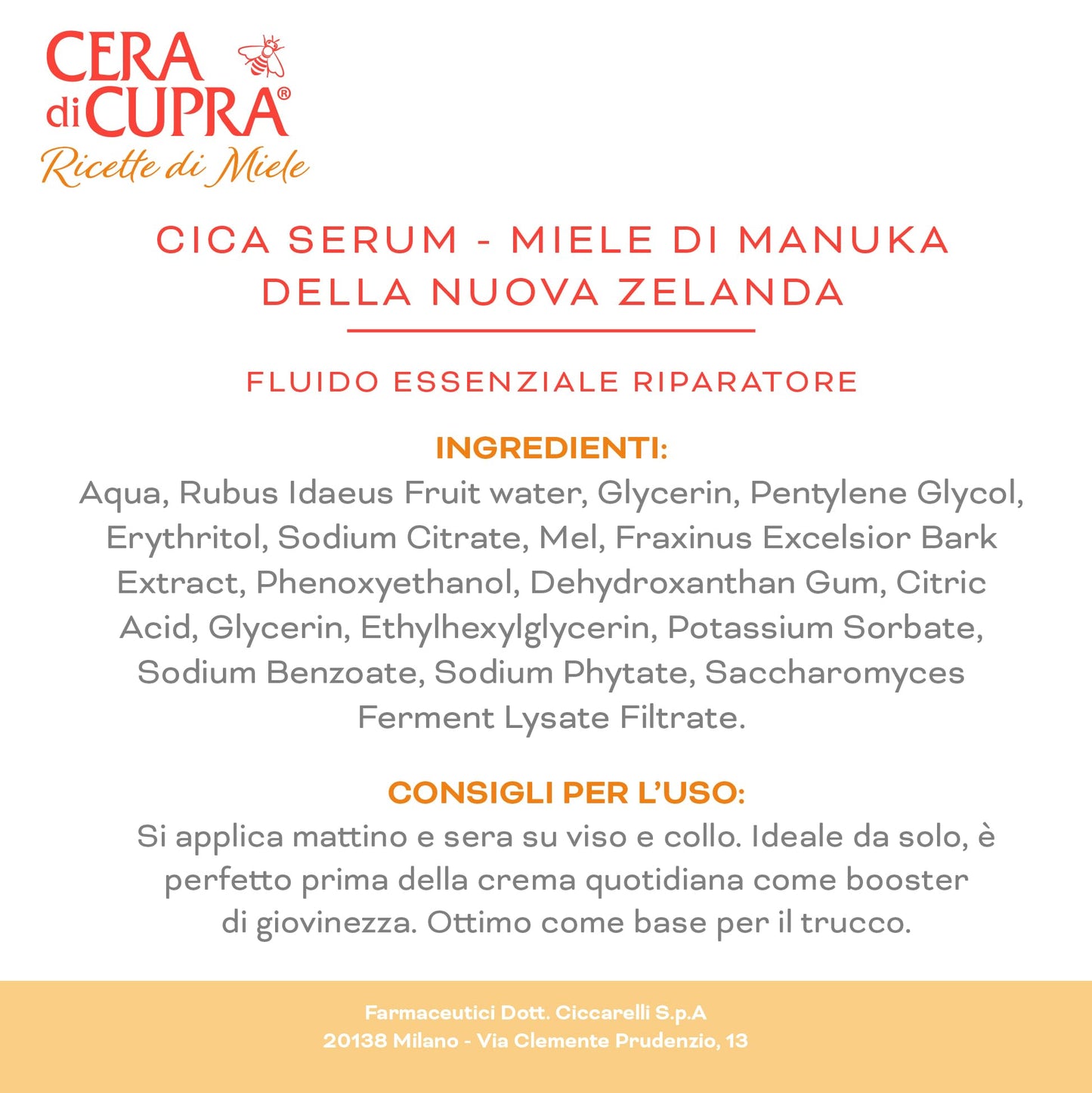 Cera di Cupra, Cica Serum, Siero Miele di Manuka della Nuova Zelanda, Potenzia i Naturali Processi di Autoriparazione della Barriera Cutanea, Made in Italy, Dermatologicamente Testato, 30 ml