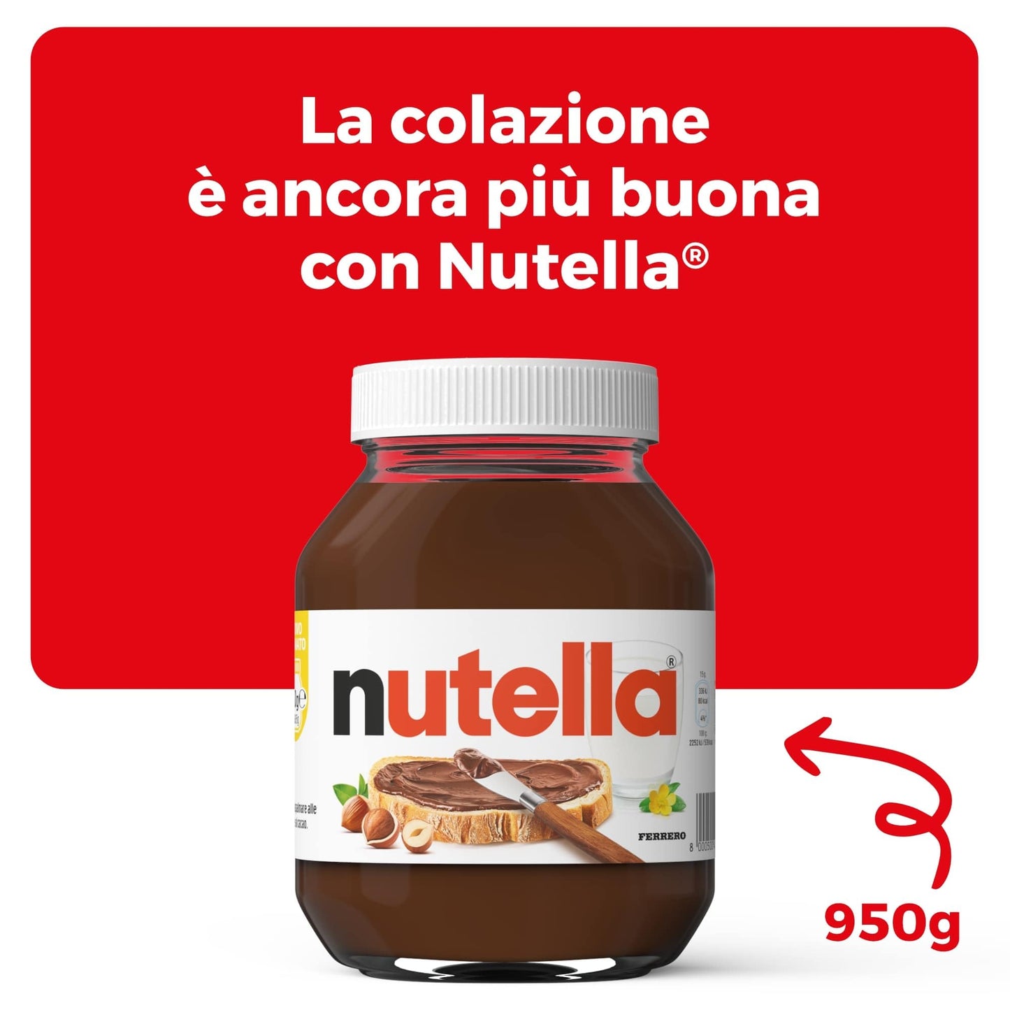 Nutella - Crema Spalmabile alle Nocciole e Cacao, Senza Glutine, Conservanti e Grassi Idrogenati, Ottimale a Colazione, Vasetto da 950 gr