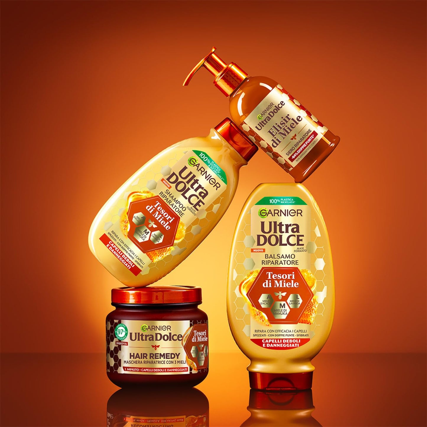 Garnier Ultra Dolce Tesori di Miele, Multipack Shampoo Riparatore, 94% Origine Naturale, Per Capelli Danneggiati, Senza Siliconi, Confezione da 6 x 300ml