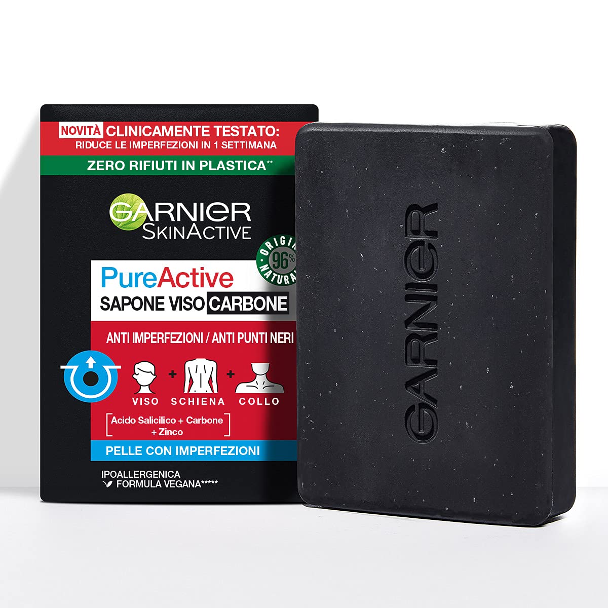 Garnier PureActive Sapone viso e corpo al carbone, Anti-imperfezioni, Formula vegana con 98% di ingredienti naturali, 100 g