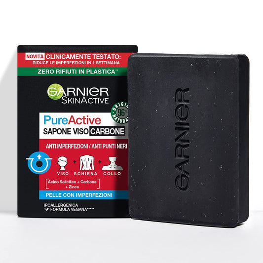 Garnier PureActive Sapone viso e corpo al carbone, Anti-imperfezioni, Formula vegana con 98% di ingredienti naturali, 100 g