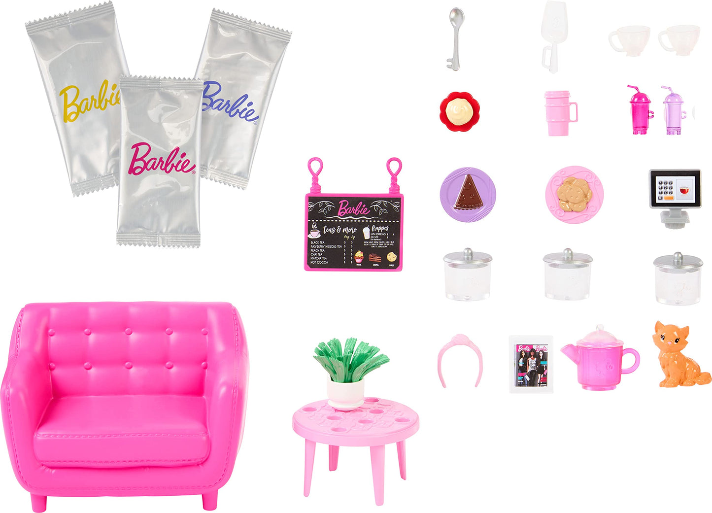 Barbie - Caffetteria Dolci Momenti, playset con teiera cambia colore, 1 gattino, mobili e 21+ accessori, giocattolo per bambini, 5+ anni, HKT94