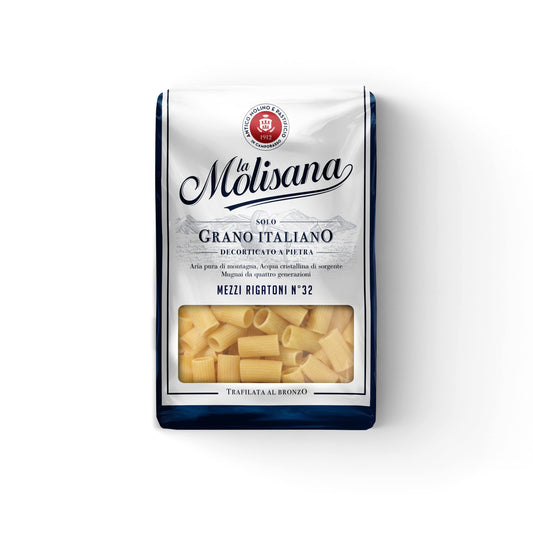 La Molisana, Mezzi Rigatoni N.32, Pasta da Solo Grano Italiano e Trafilatura al Bronzo, Tempo di Cottura 12 Minuti, Confezione da 6x500g