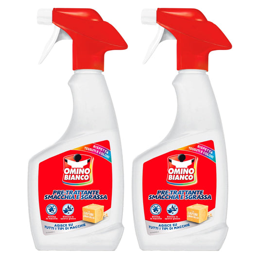 Omino Bianco - Smacchia e Sgrassa 2 in 1, Pre-Trattante Spray con Azione Smacchiante e Sgrassante, con Marsiglia, 2 Pezzi da 500 ml