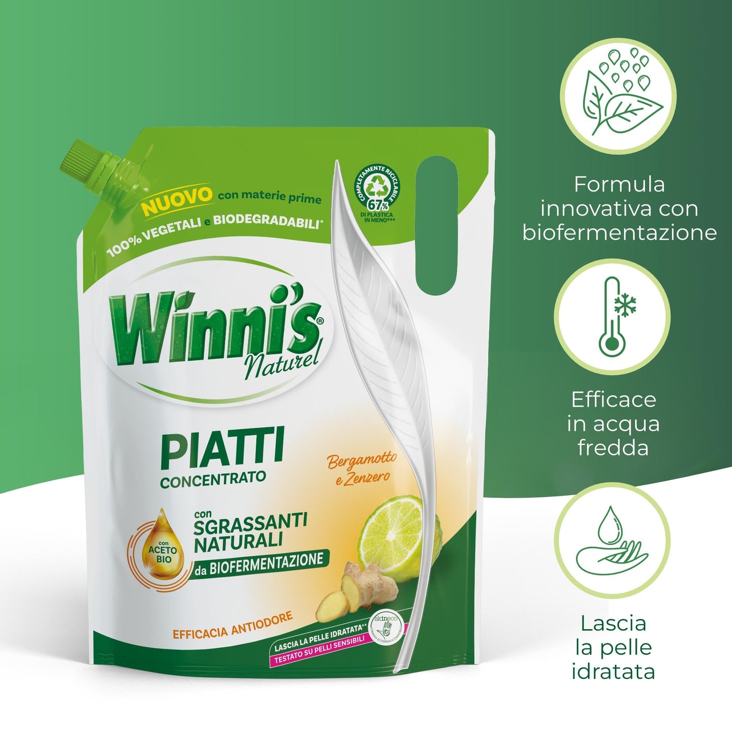 Winni's - Detersivo Piatti a Mano in Ecoformato, Concentrato, Ipoallergenico, con Sgrassanti Naturali da Biofermentazione, Bergamotto e Zenzero, Materie Prime di Origine Vegetale, 900ml