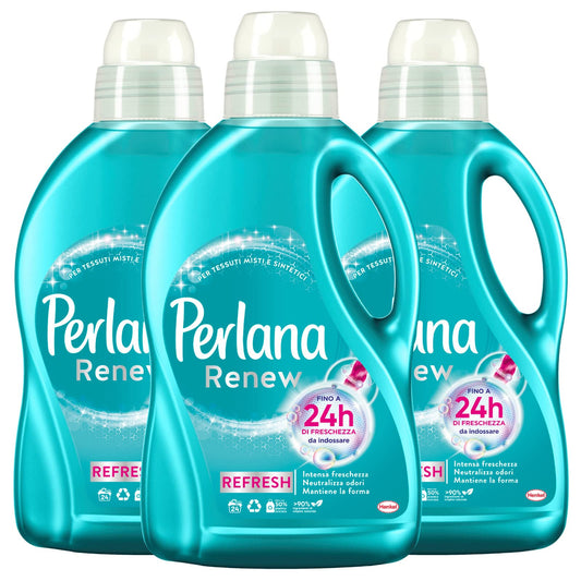 Perlana Renew Refresh Detersivo Liquido per Tessuti Misti e Sintetici per Lavatrice e Bucato a Mano Contro i Cattivi Odori Freschezza Lunga Durata - 3 Flaconi da 1,44 Litri