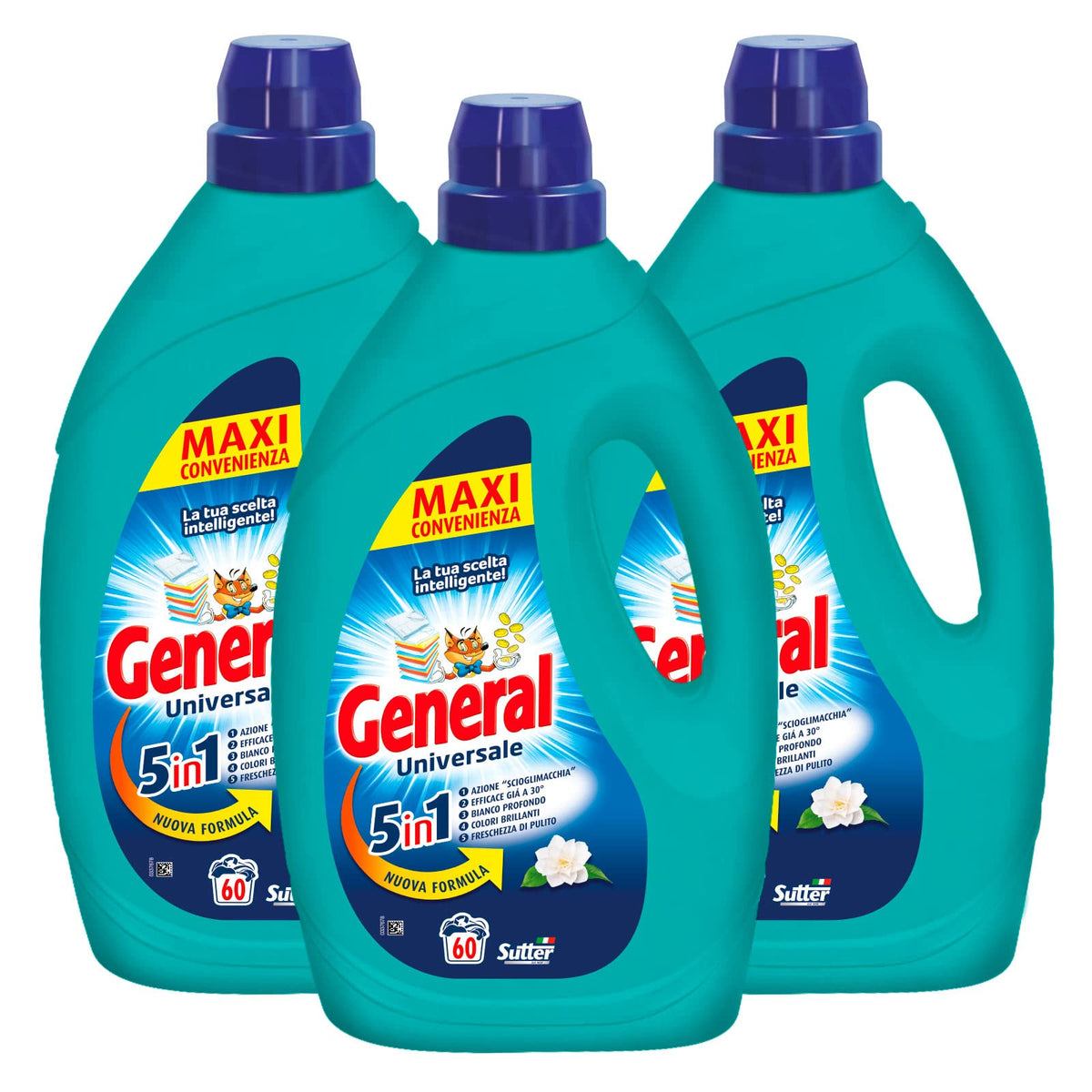 3x detersivo liquido General Universale 5in1 per Lavatrice 60 Lavaggi - 3 Flaconi da 2,7L ognuno