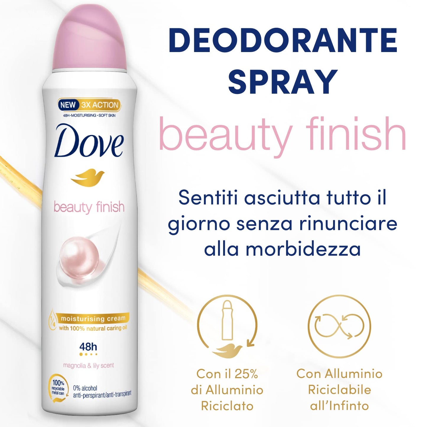 Dove, Deodorante Spray Beauty Finish, con 1/4 Crema Idratante, con Minerali e Vitamina E, Antitraspirante, Senza Alcool, Pelle Asciutta Fino a 48 Ore, Deodorante Uomo e Donna, 6 Pezzi da 150 ml