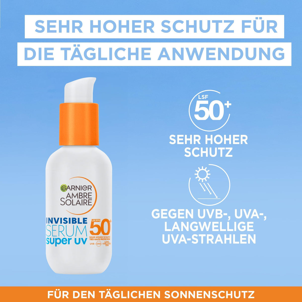 Garnier Siero Viso Protettivo Invisibile Super UV, Per Tutti i Tipi di Pelle, Protezione SPF 50+, Ad Assorbimento Rapido, Con Ceramide Protect, Ambre Solaire, 30 ml