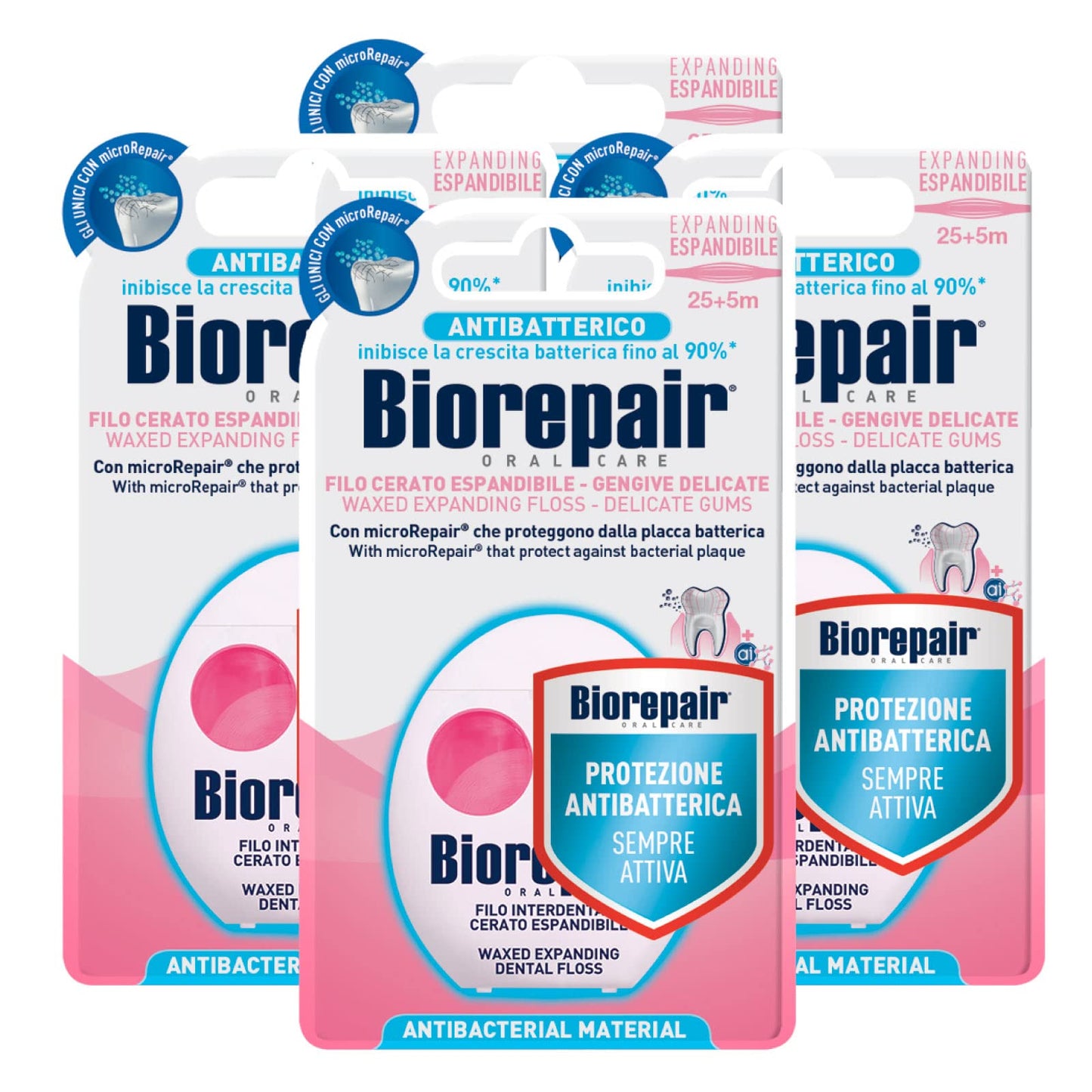 4x Biorepair Filo Interdentale Cerato Espandibile per Gengive Delicate con Antibatterico - 4 Confezioni da 30 Metri ognuna