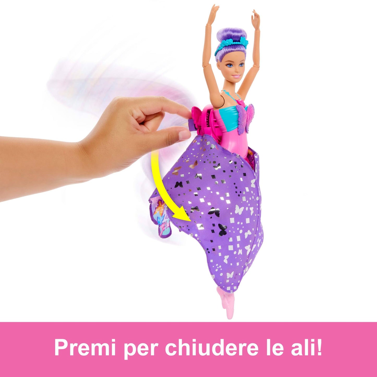 Barbie - Ali Scintillanti, bambola dai capelli viola, trasformazione 2 in 1 da ballerina a farfalla con ali apribili, cerchietto e tutù rimovibile inclusi, giocattolo per bambini, 3+ anni, HXJ10
