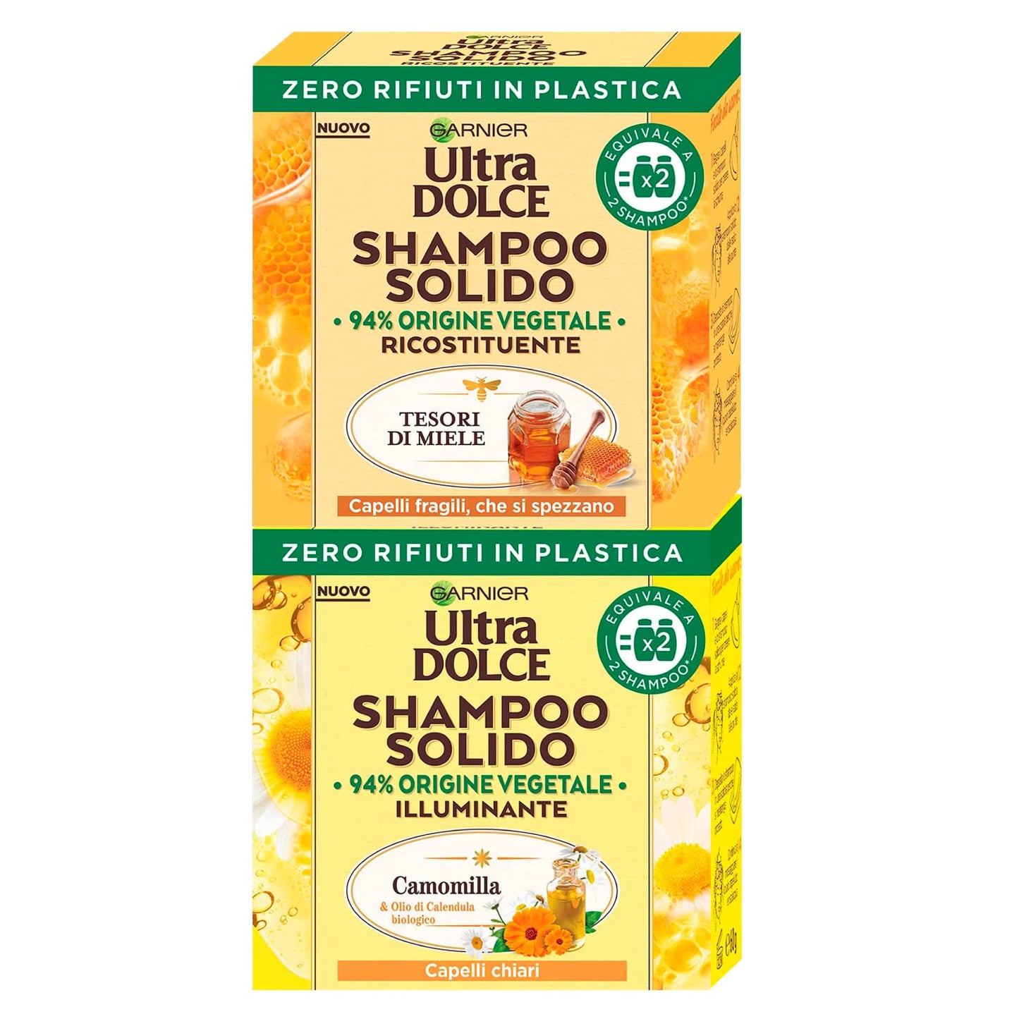 Garnier Ultra Dolce Shampoo Solido Ricostituente Tesori di Miele Capelli Fragili + Shampoo Solido Illuminante Camomilla e Olio di Calendula Biologico Capelli Chiari - 2 Shampoo Solidi da 60g