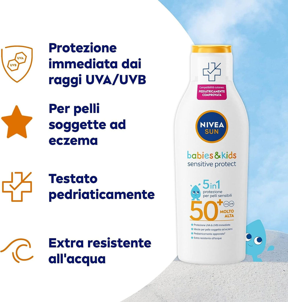 NIVEA SUN Kids Sensitive Protect & Play FP 50+ 200 ml Crema solare bambini e neonati dai spray 6 mesi in su