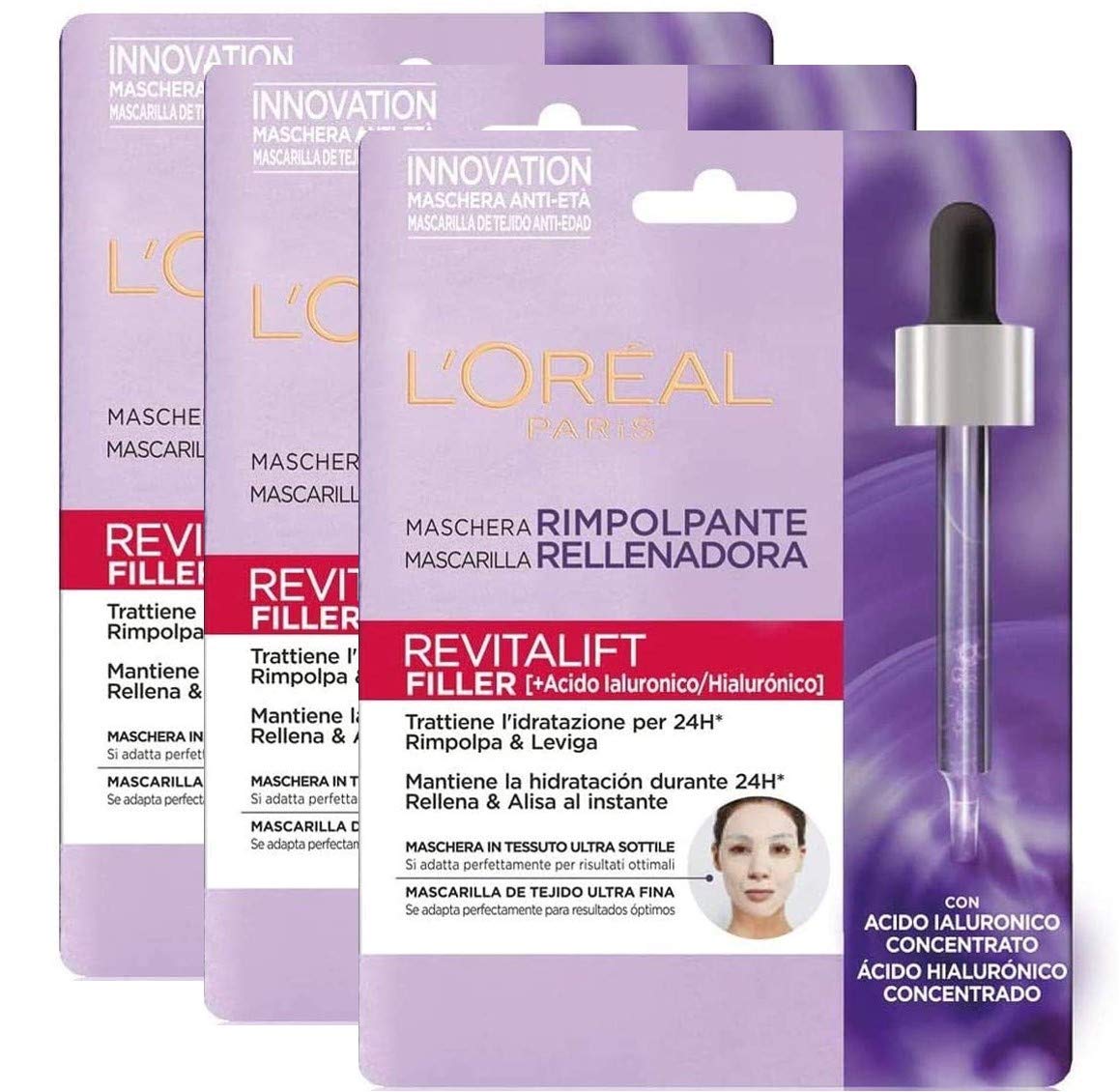 L'Oréal Paris Maschera in Tessuto Revitalift Filler, Maschera in Tessuto Rimpolpante Anti-Età con Tecnologia Effetto Seconda Pelle, Arricchita con Acido Ialuronico, 30 G, Confezione da 3