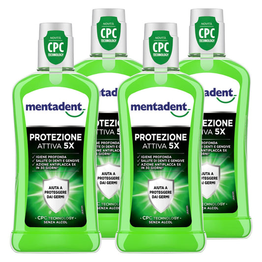 4x Mentadent Collutorio Protezione Attiva 5X Menta con Antibatterico e CPC Technology Senza Alcol - 4 Flaconi da 400ml ognuno