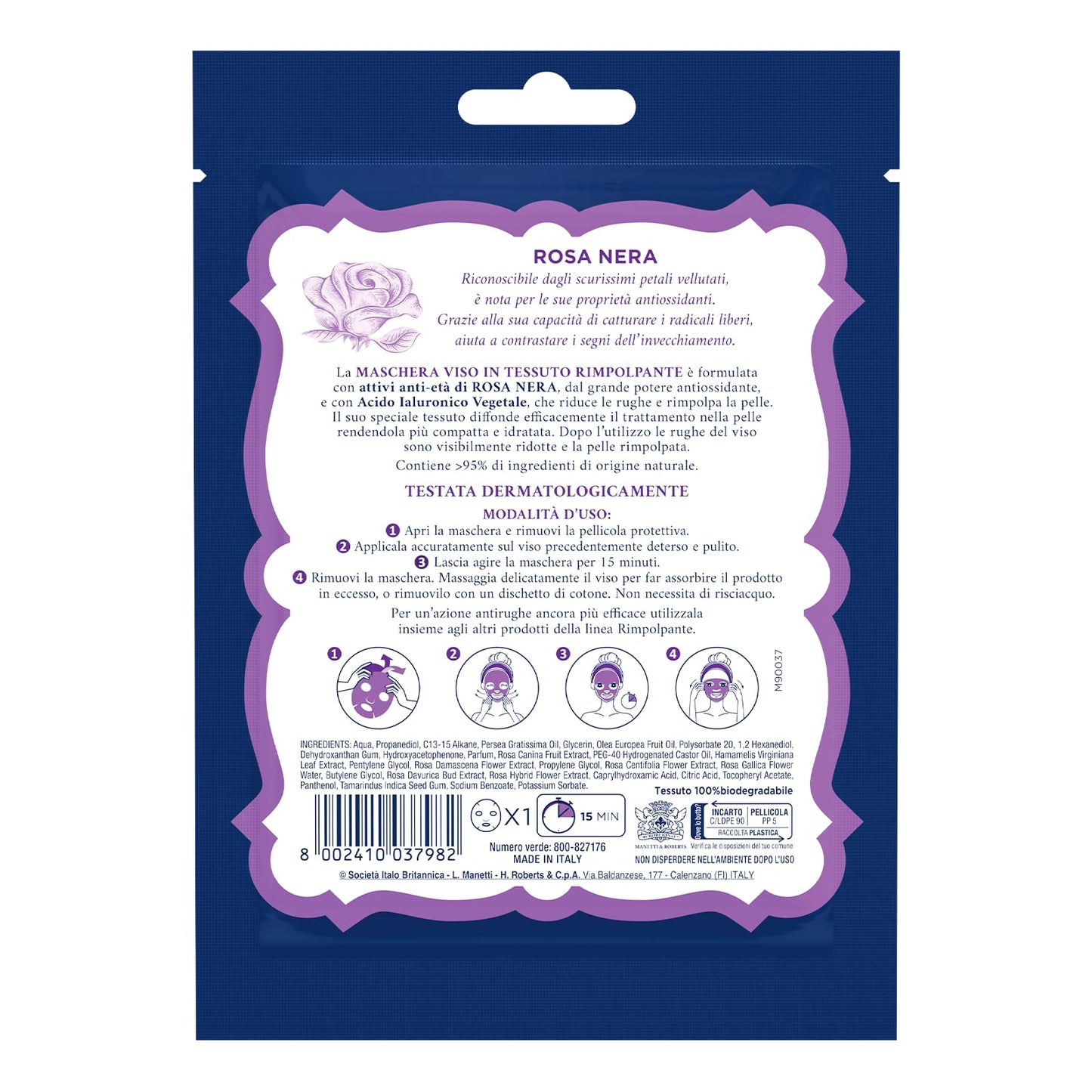 Acqua Alle Rose, Maschera Viso in Tessuto Rimpolpante con Attivi Antietà di Rosa Nera e Acido Ialuronico Vegetale, Azione Antirughe Intensiva, Riduce le Rughe e Rimpolpa la Pelle Matura, Monouso 1 pz