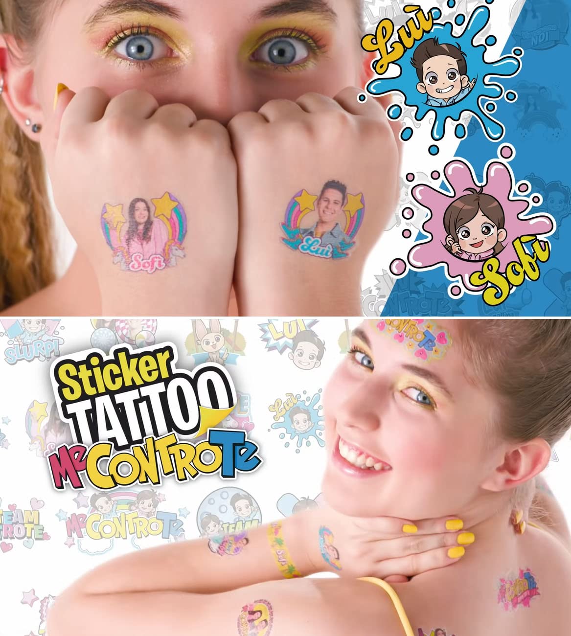 Me Contro Te 15 Sticker Tattoo di cui 3 Maxi - 1 BUSTINA Tatuaggi Temporanei per Bambino e Bambina Originali Lui E Sofi