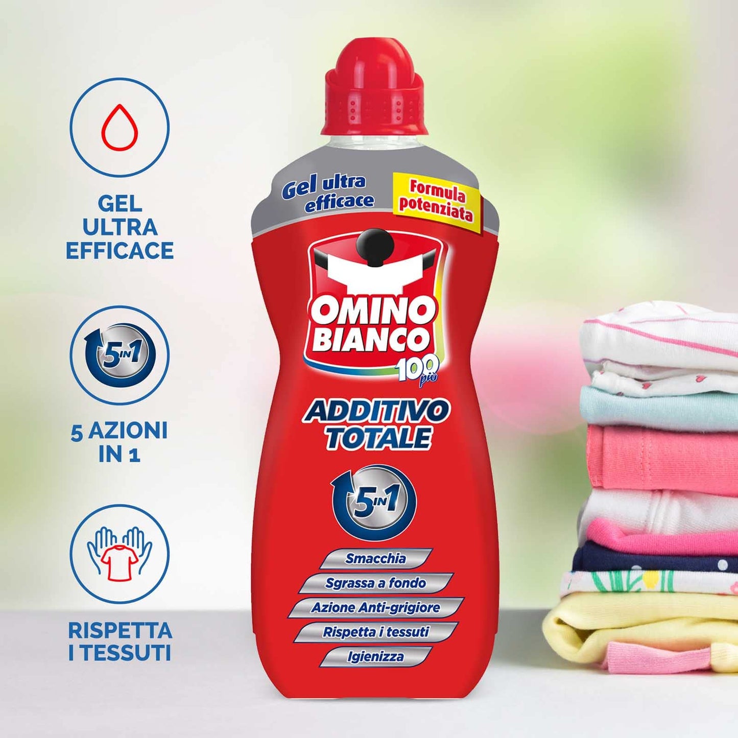 Omino Bianco - Additivo Totale Gel 5 Azioni in 1 per Bucato, Smacchiante e Igienizzante, 900 ml x 12 Pezzi