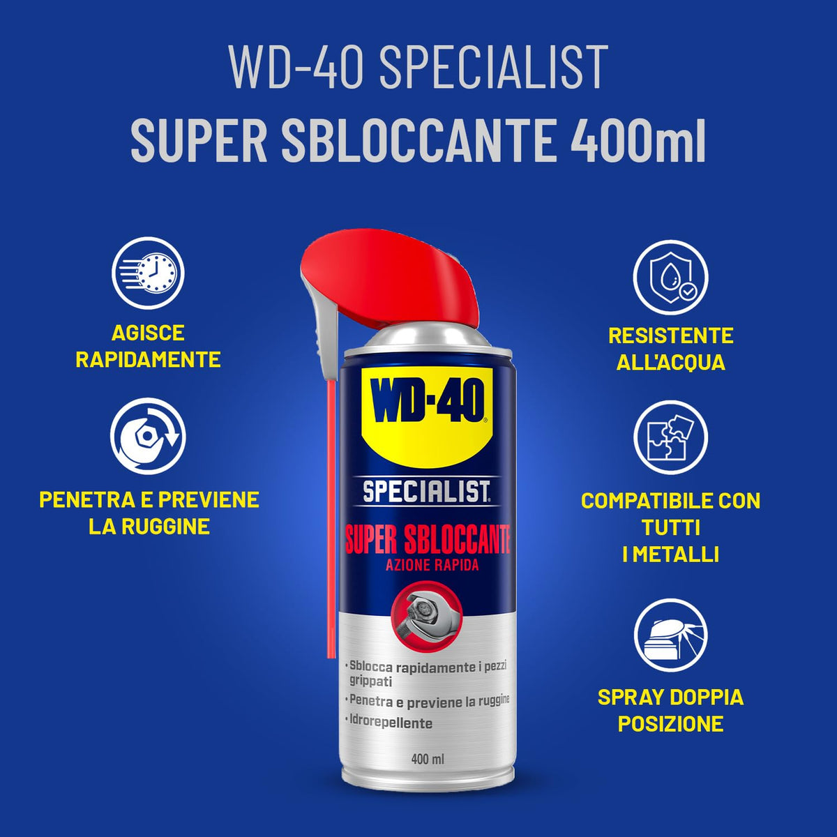 WD-40 - Specialist - Super Sbloccante - Azione Rapida - Ideale per grippaggio e ossidazione - Idrorepellente per prevenire la ruggine - Spray Doppia Posizione - Per tutti i metalli - NSF H2-400ml