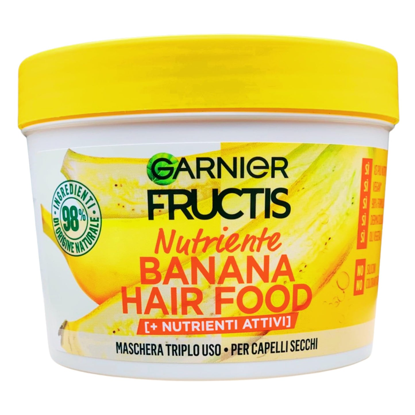 3x Maschera HAIR FOOD BANANA Nutriente, Per Capelli Secchi. La formula è fatta con il 98% di ingredienti di origine naturale. Triplo Uso: Balsamo, Maschera e Trattamento Senza Risciacquo 390ml
