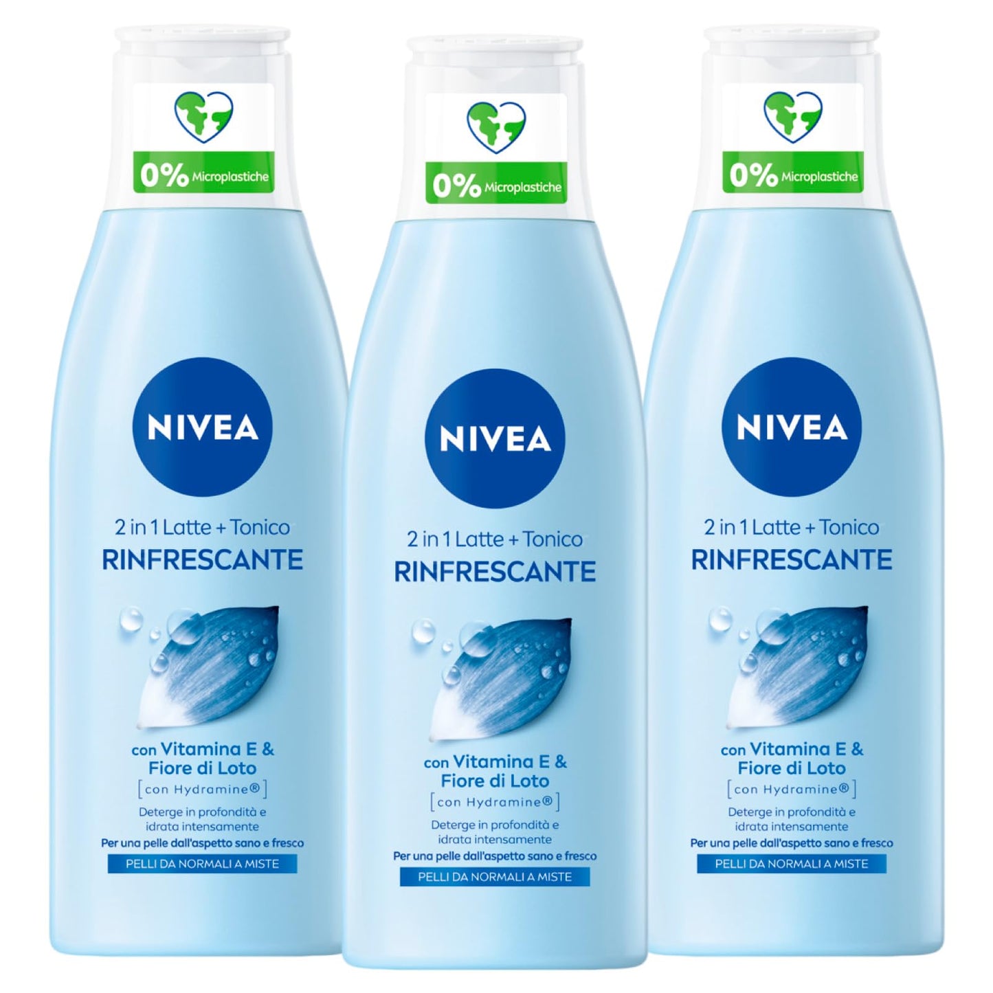 Nivea Latte Detergente e Tonico 2in1 Rimuove Trucco e Impurità Azione Rinfrescante con Acqua Purificata e Fiore di Loto Sacro per Tutti i Tipi di Pelle - 3 Flaconi da 300ml