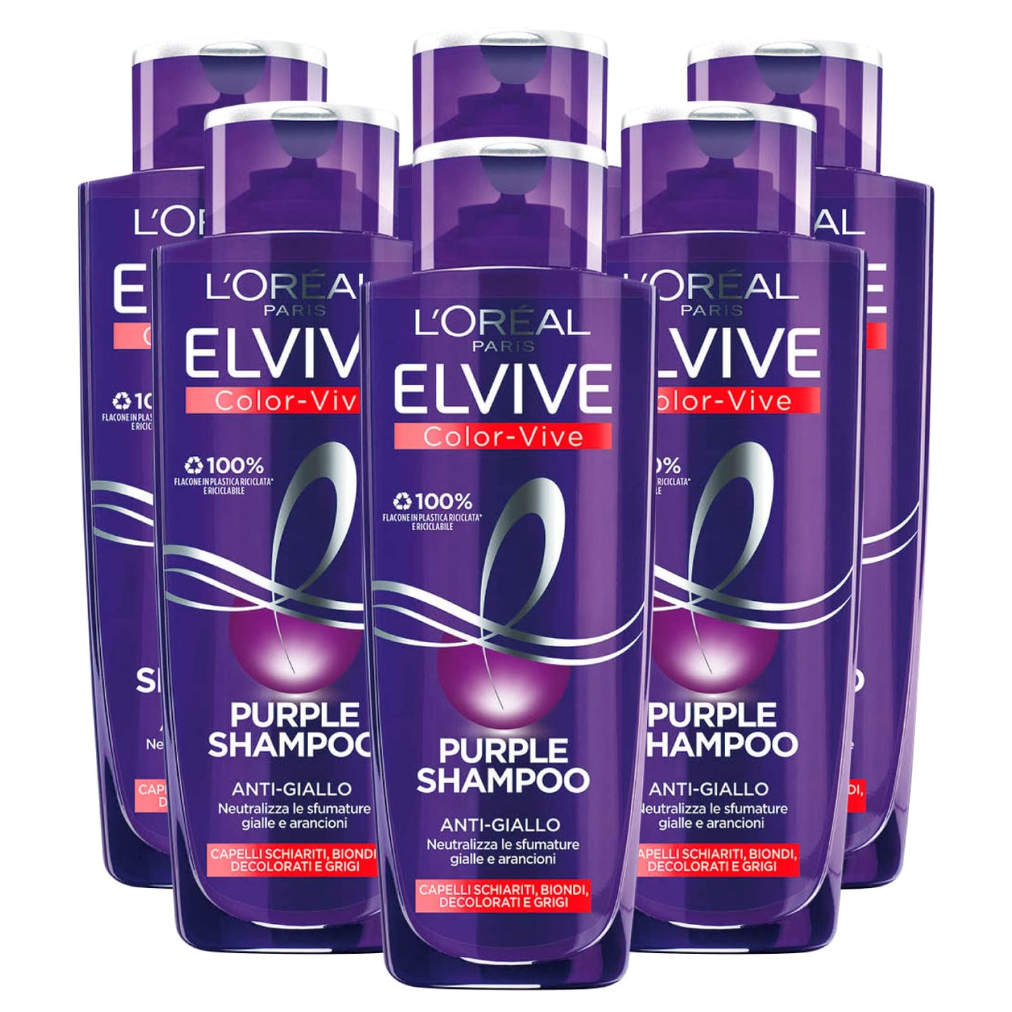 6x L'Oréal Paris Elvive Color Vive Purple Shampoo Anti Giallo per Capelli Biondi Decolorati e Grigi Neutralizza Sfumature Gialle e Arancioni - 6 Shampoo da 200ml ognuno
