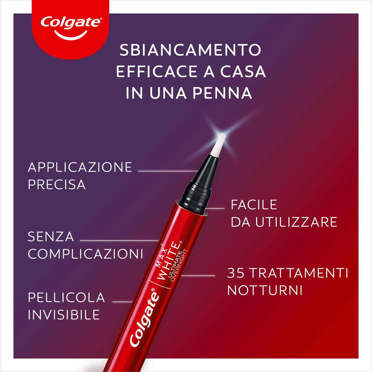 Colgate Penna Sbiancante Denti Notturna Max White Overnight, Sbiancamento Denti, Sicuro per lo Smalto 2,5ml I Riduce le macchie superficiali I