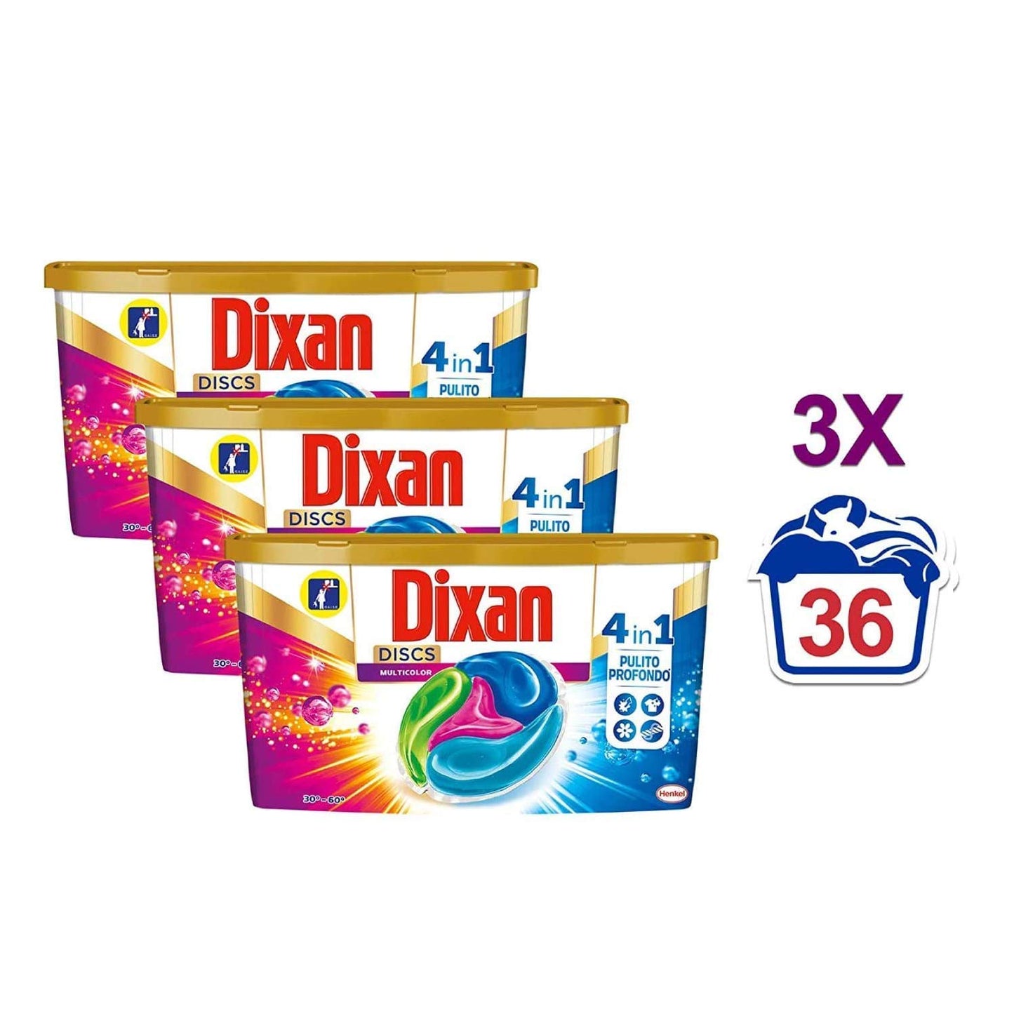 Dixan Discs Multicolor Detersivo Lavatrice Predosato in Capsule per Capi Colorati 4 in 1 - 3 x 36 Lavaggi (108 lavaggi)