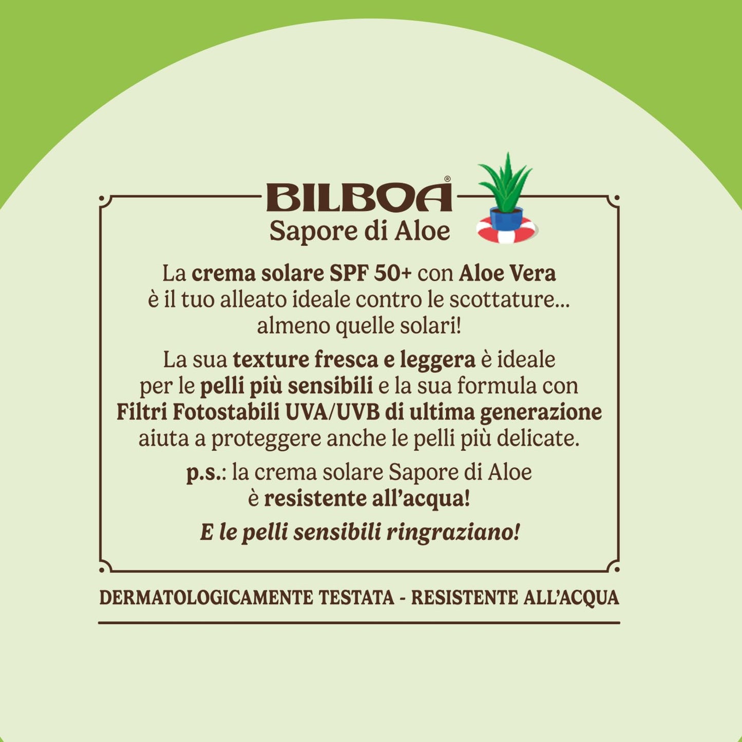 Bilboa In Viaggio, Sapore di Aloe Crema Solare SPF 50+, Con Aloe Vera, Musica per Pelli Sensibili, Resistente all'Acqua, Dermatologicamente testata, 75 ml