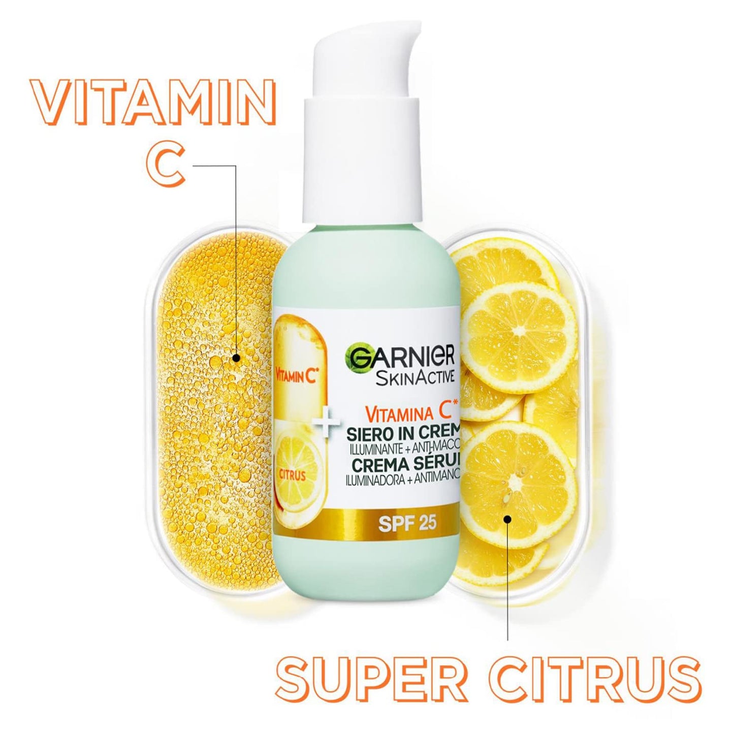 Garnier Siero in Crema Vitamina C SkinActive, 2 in 1 Siero Vitamina C e Crema Idratante SPF25, Anti-Macchie e Illuminante, Non unge, Adatto a Tutti i Tipi di Pelle, 50 ml