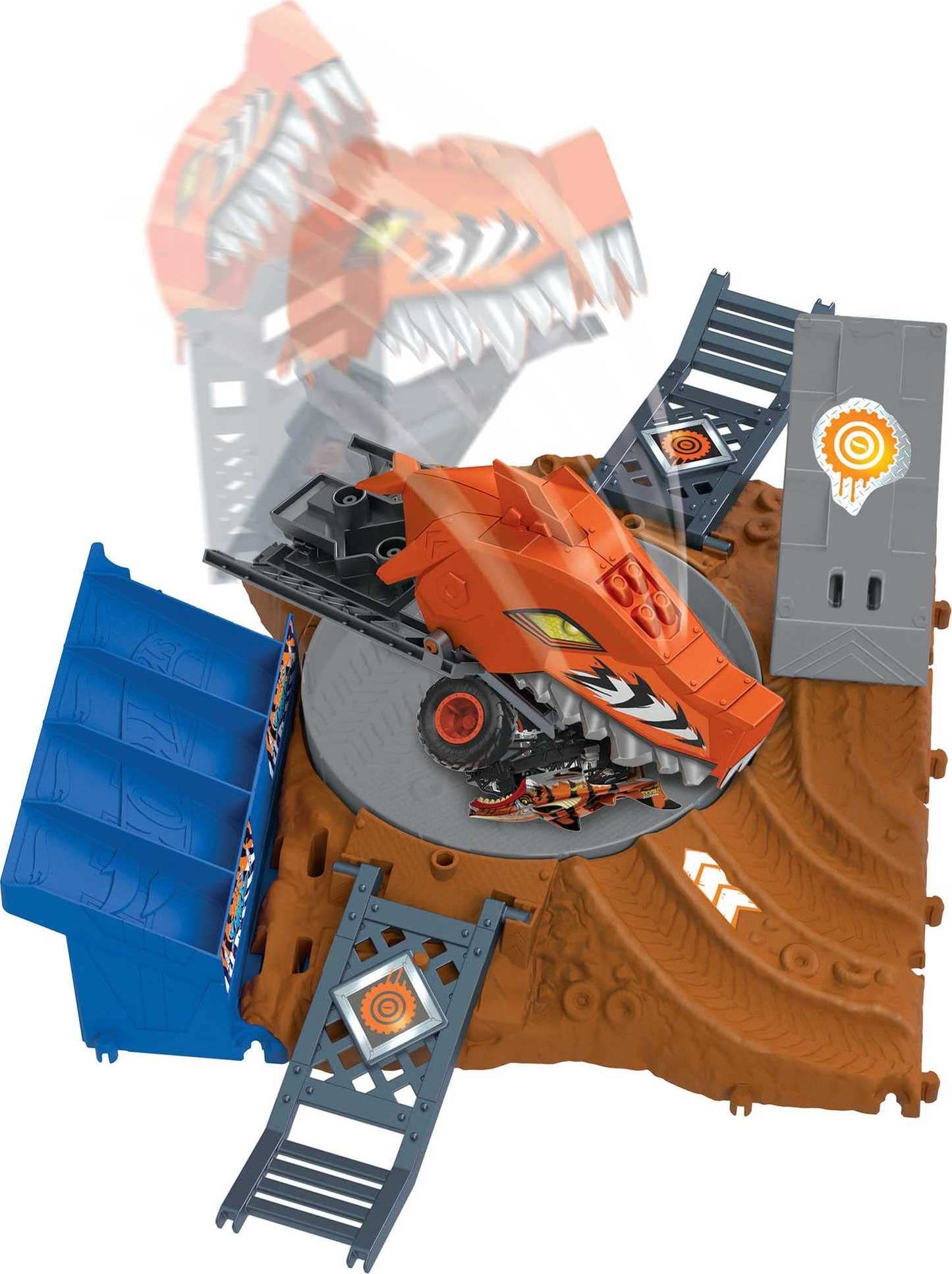 Hot Wheels - Hot Wheels Monster Trucks Arena degli Scontri, Sfida in Testacoda con Tiger Shark, playset con un truck e 2 macchinine da distruggere, giocattolo per bambini 4+ Anni, HNB93