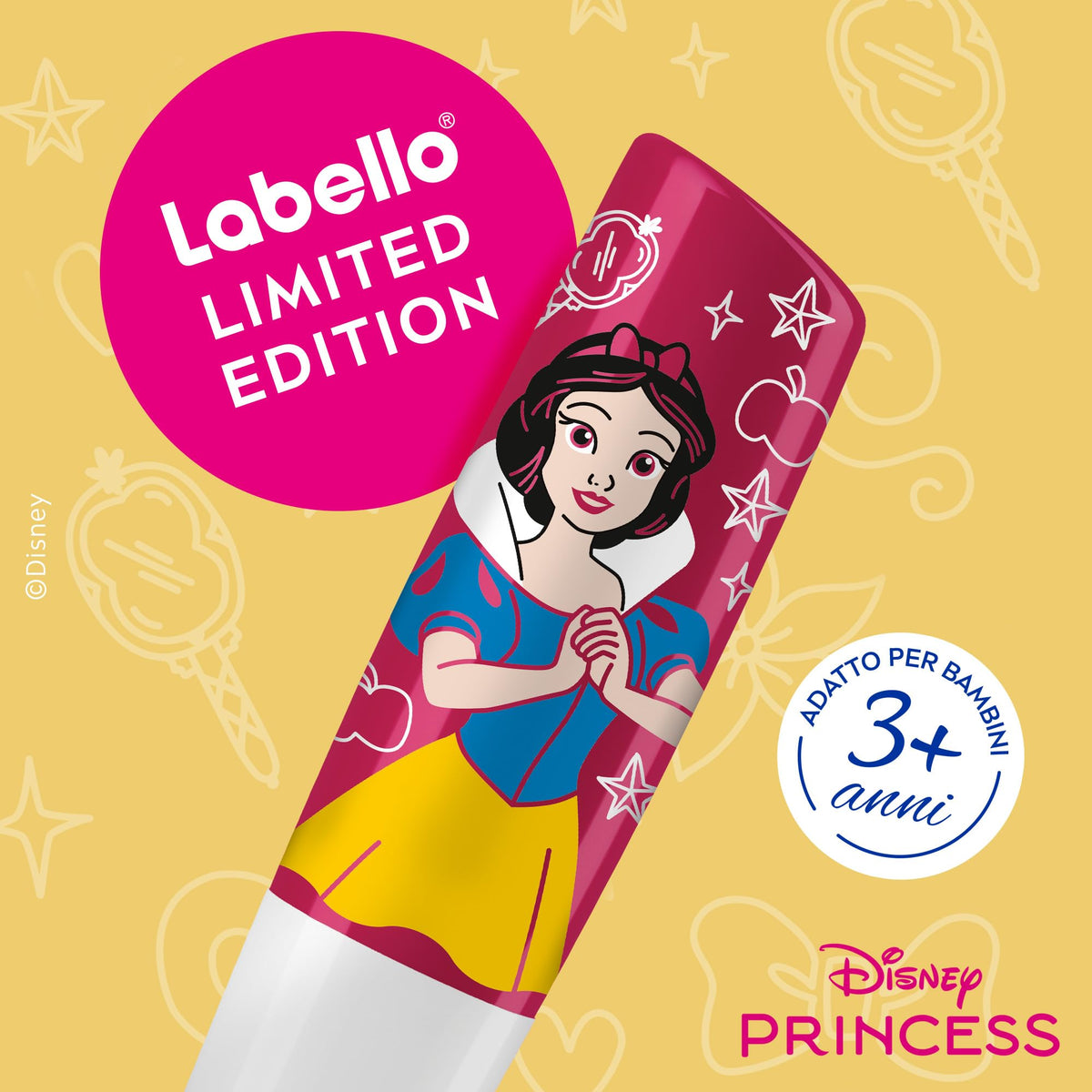Labello Disney Princess Limited Edition Cherry Shine 4.8 g, Balsamo labbra colorato con design con Biancaneve, Burrocacao bambina 3+ idratante 24h, Burrocacao labbra lip balm con aroma di Ciliegia