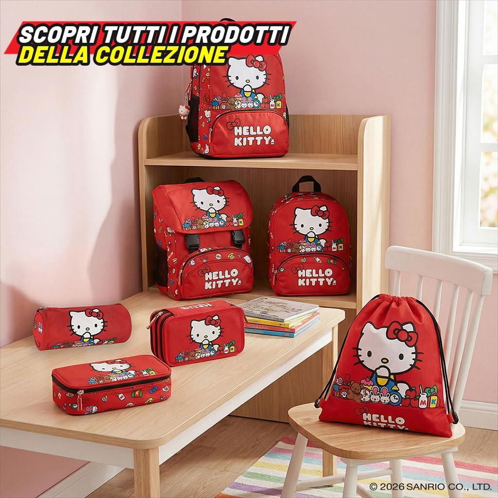 HELLO KITTY- Astuccio Scuola Ufficiale Hello Kitty, Astuccio Ovale Organizzato per Bambini, Ideale per Riporre la Cancelleria, con Divisorio Interno e Passanti Elastici, Pratica Chiusura a Zip
