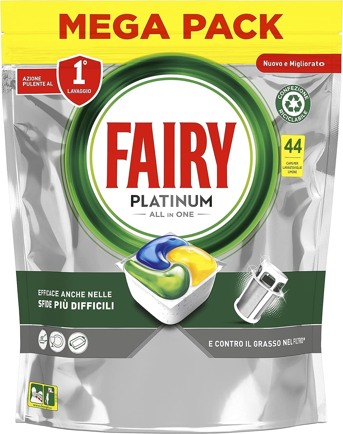Fairy Platinum Detersivo Pastiglie Lavastoviglie, Brillantante, 44 Capsule Lavastoviglie, Limone, Con Sistema Di Prelavaggio Integrato, Efficace Nelle Sfide Difficili Contro Lo Sporco