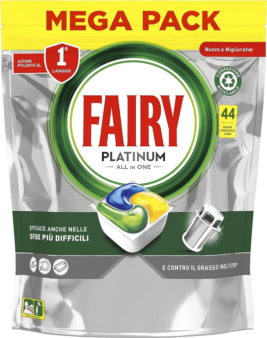 Fairy Platinum Detersivo Pastiglie Lavastoviglie, Brillantante, 44 Capsule Lavastoviglie, Limone, Con Sistema Di Prelavaggio Integrato, Efficace Nelle Sfide Difficili Contro Lo Sporco