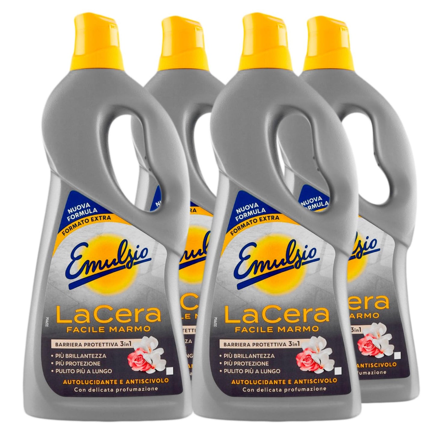 Emulsio La Cera Facile Marmo Autolucidante per Pavimenti e Superfici in Marmo e Graniglia Formula Professionale Barriera 3in1 Protezione Brillantezza e Pulizia - 4 Flaconi da 725ml