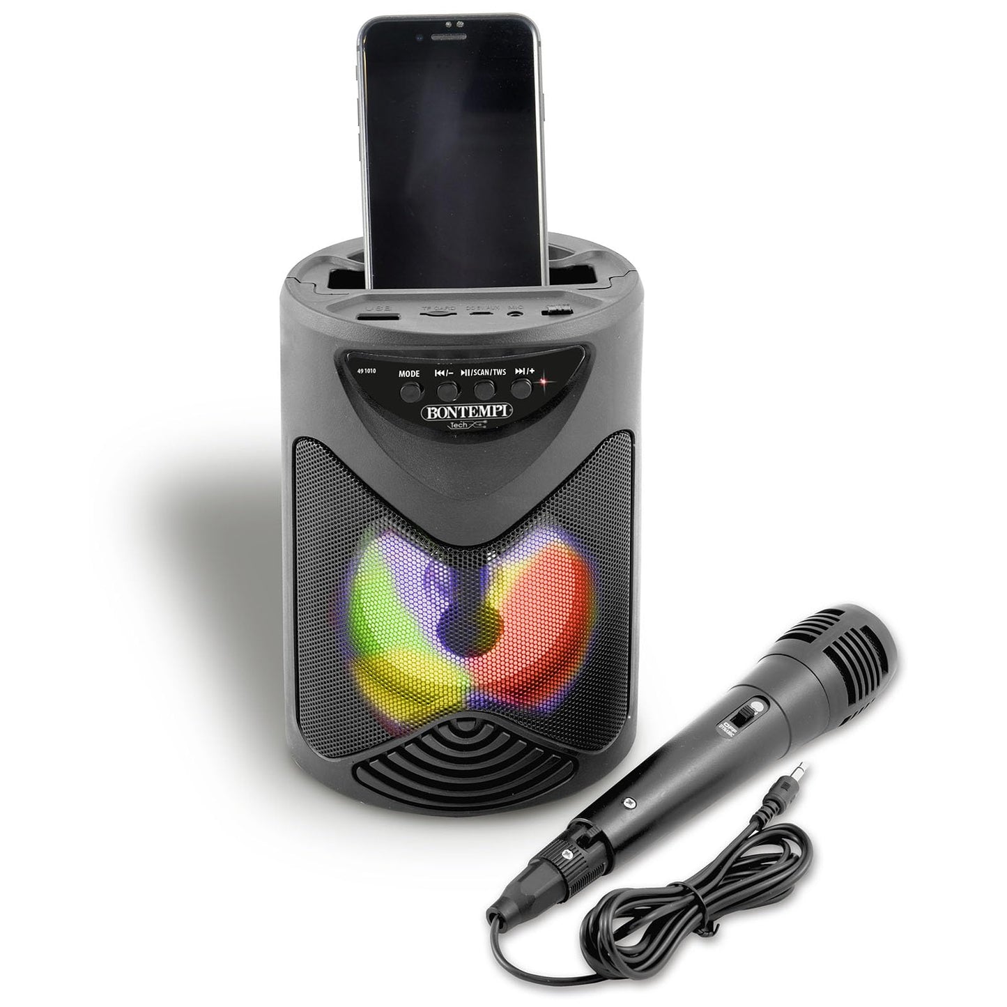 Bontempi | SonicSync - Amplificatore Wireless Karaoke con Microfono Dinamico, Vano Porta Smartphone, Effetti Luminosi ed Effetto Eco, 18,9x15,9x12,9 cm