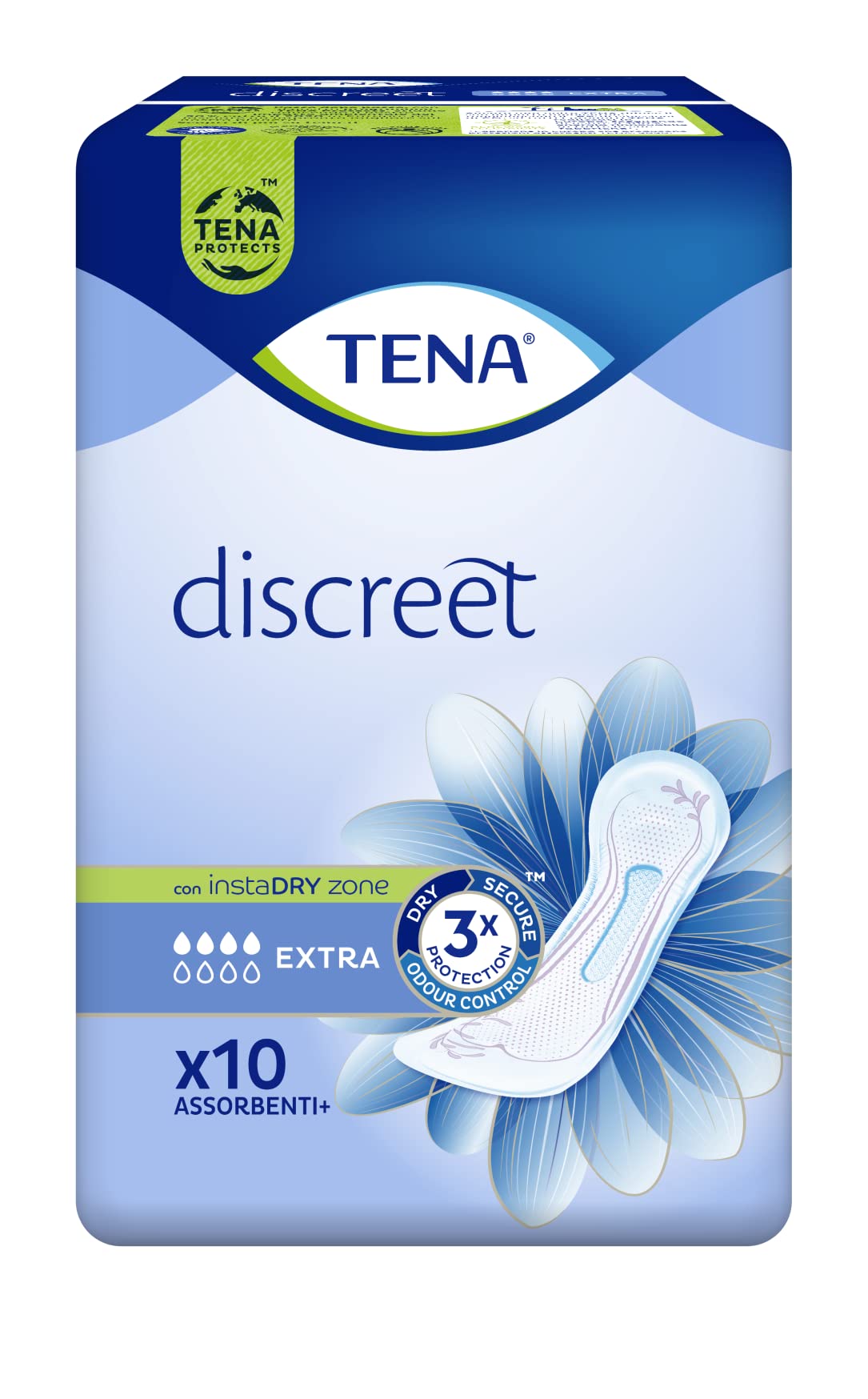Tena Discreet, Extra, 10 pezzi, per Donna, Assorbenti per Perdite Femminili, Discreti e Confortevoli